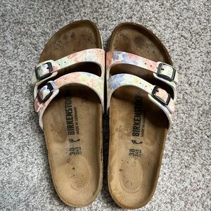 Birkenstock White Two-Strap Sandals with Cork Footbed